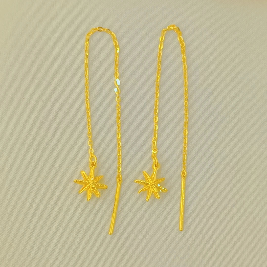 足金999拉丝八芒星直针耳线精致甜美1.24g