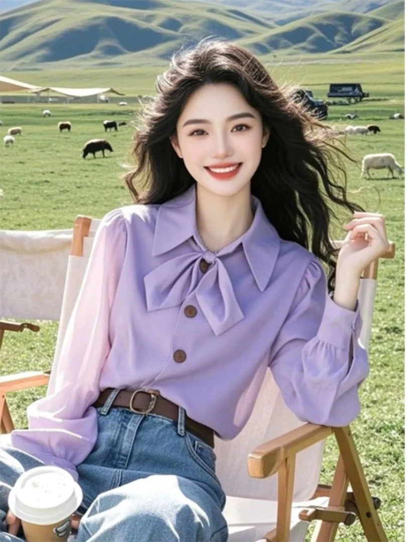 紫色蝴蝶结系带衬衫女2025春季法式别致百搭长袖衬衣高端气质上衣