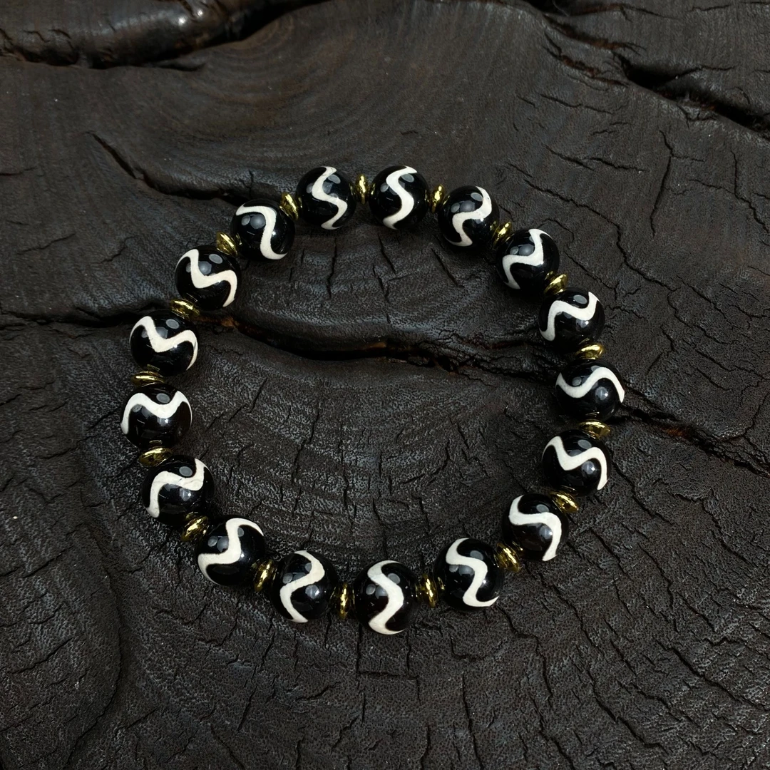 尺寸约10mm-仙叔珠宝精品黑白水纹玛瑙珠手串