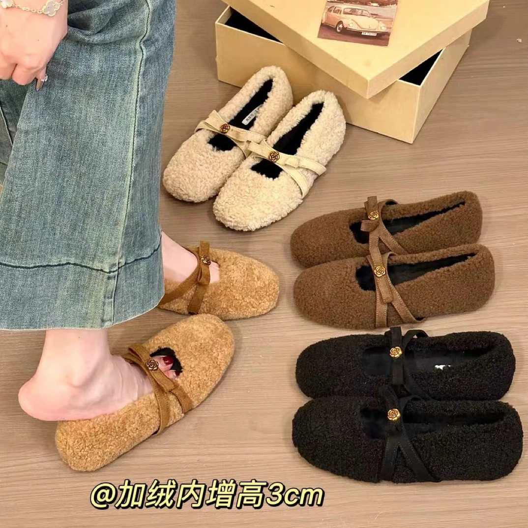 titing毛绒感欧尼！圆头山茶花金属扣玛丽珍鞋女秋加绒内增高单鞋