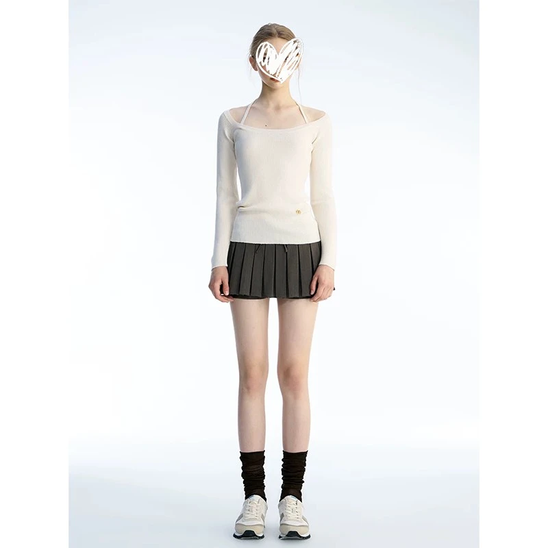 2025春季新款纯欲设计感百搭T恤露肩长袖针织衫一字肩打底衫z411