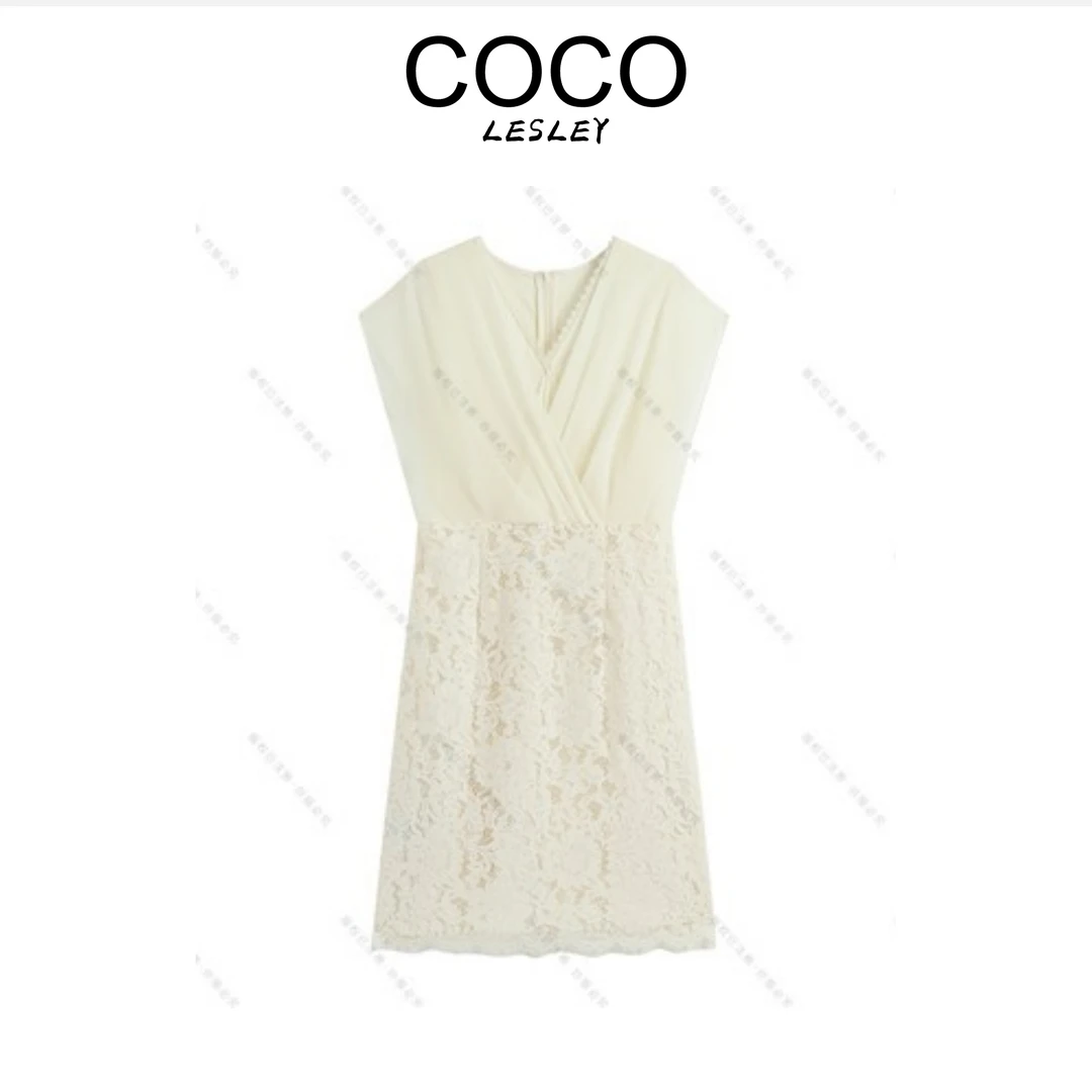 【COCO LESLEY】2025夏季高级感蕾丝V领小飞袖拼接连衣裙