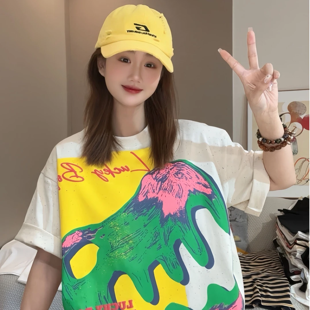 【FANG方】2024新款欧洲站卡通涂鸦恐龙印花短袖T恤女休闲宽松情侣