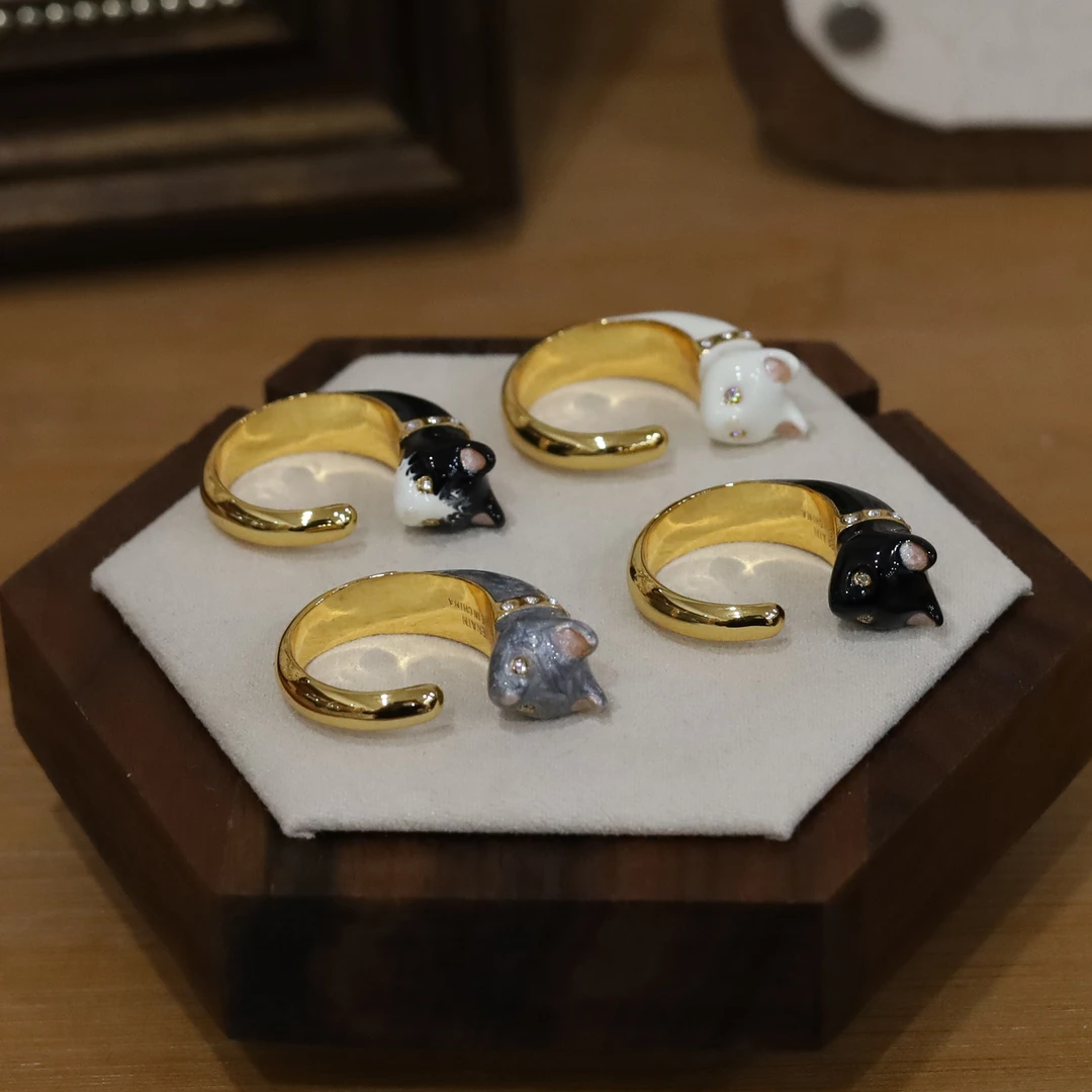 黄铜珐琅戒指 欧若精灵风可爱女白灰猫咪手作指环少女甜美时尚