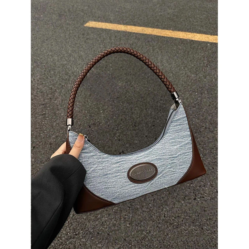 牛仔布包包女2025新款潮时尚中古腋下包小众质感单肩手提法棍包