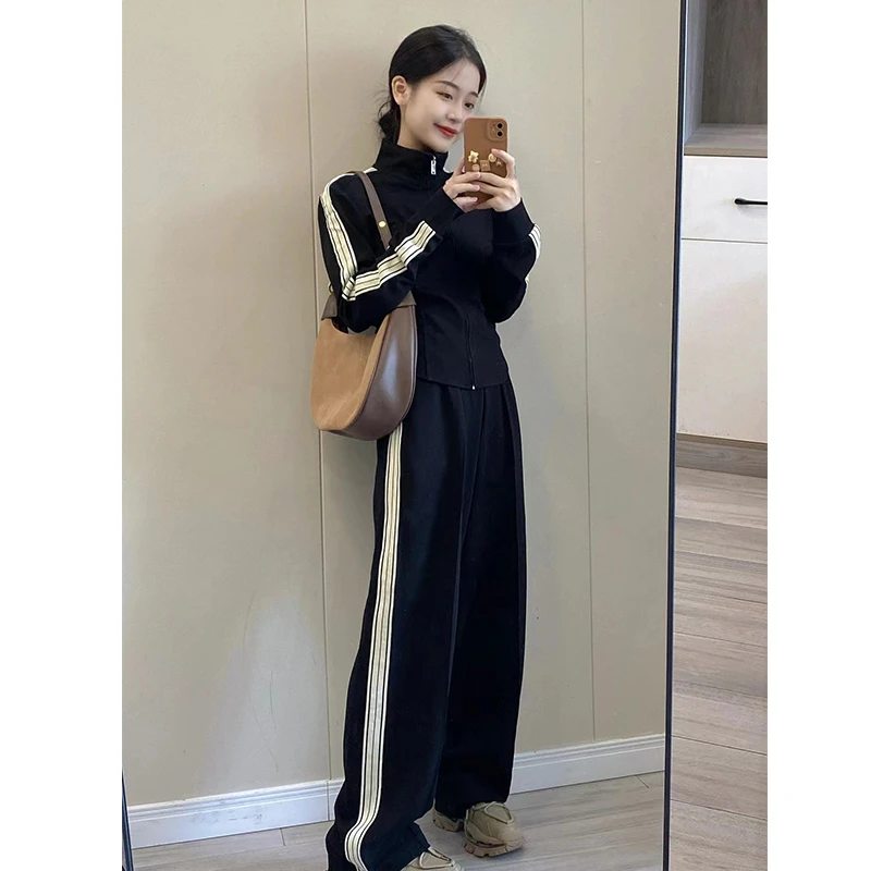 高级感鱼骨运动套装女秋季欧货休闲黑色卫衣长裤两件套小香风减龄