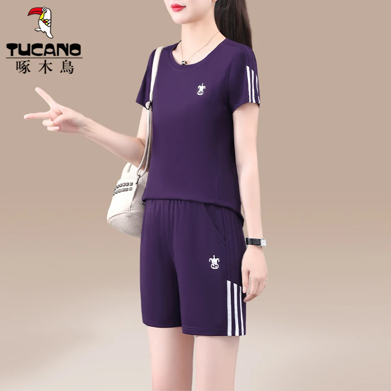 啄木鸟妈妈款洋气夏装套装女2025新款夏季运动冰丝短袖短裤两件套