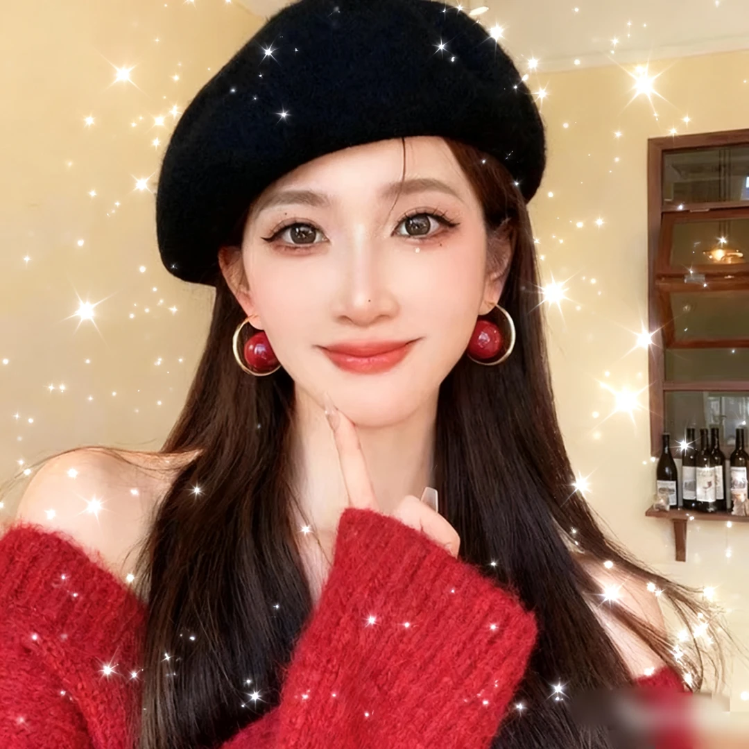 铜合金仿珍珠耳饰 冬季高级感耳环复古百搭气质红色珍珠耳圈耳饰