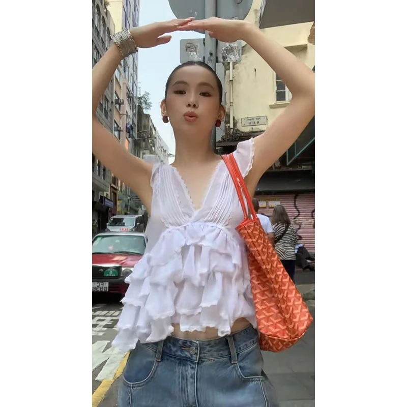 夏季新款辣妹纯欲设计感V领吊带背心上衣高腰显瘦宽松蓝色牛仔裤