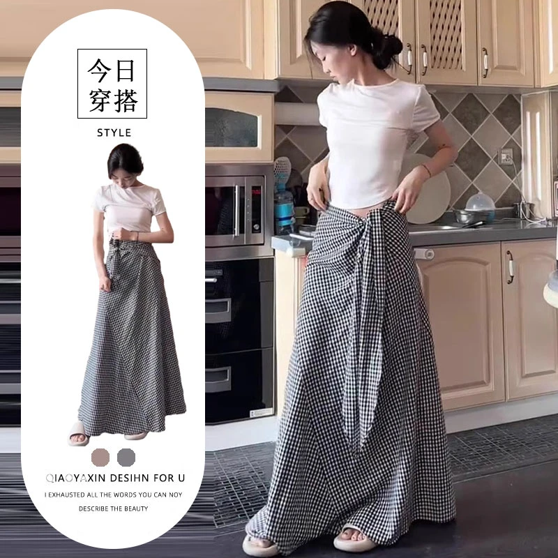 时尚显瘦套装女2025夏季新款圆领短袖T恤绑带格纹半身裙两件套装