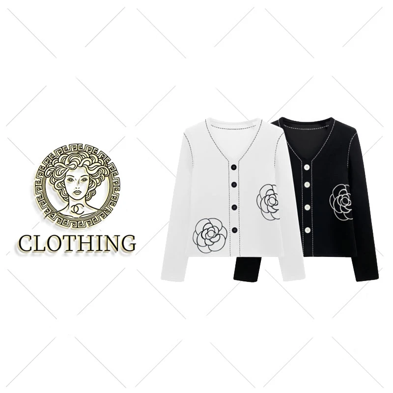 【CLOTHING/原创设计】68218#轻奢V领明线山茶花T恤2025秋潮流上衣