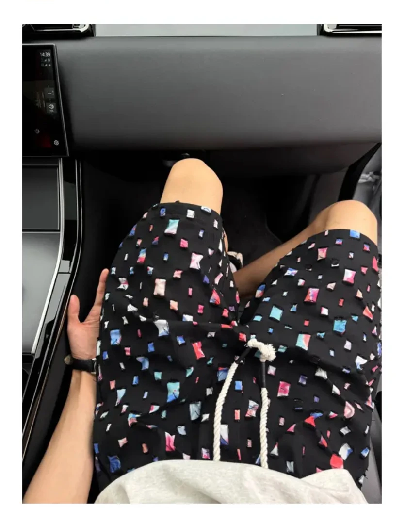 薄款格子提花透气时尚五分裤夏季短裤-3389