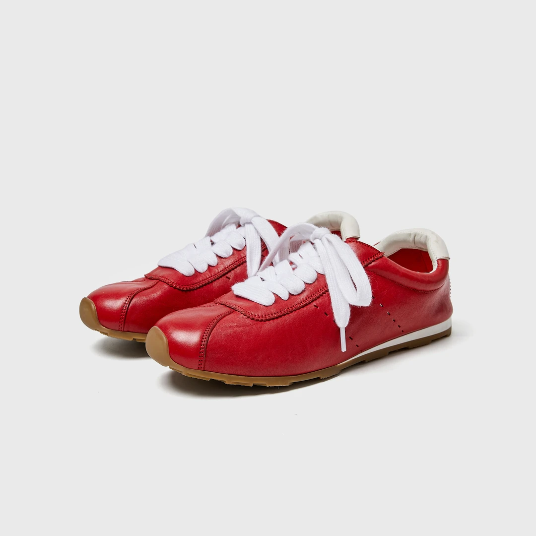 高端舒适百搭水洗马皮运动鞋红色德训鞋跑步鞋系带休闲鞋手工鞋女