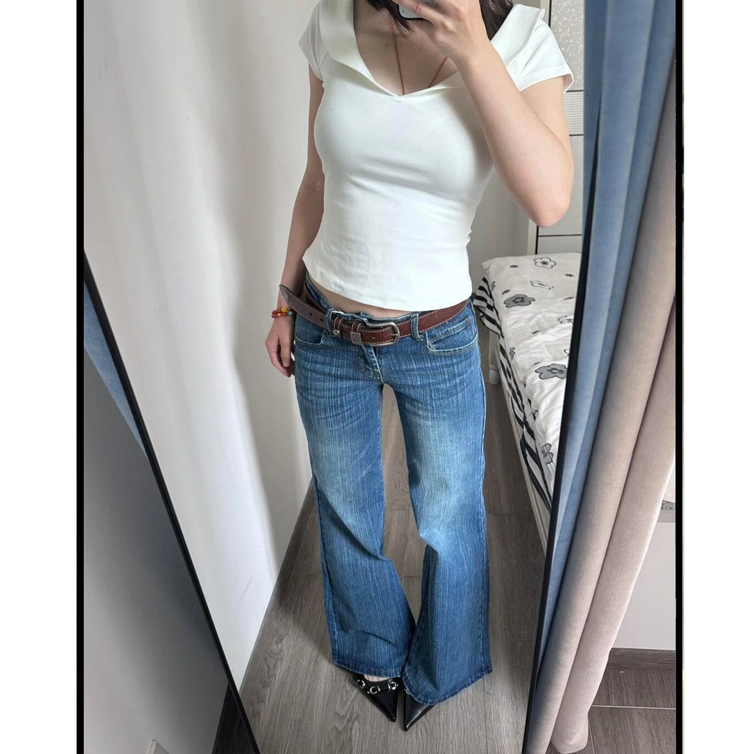美式辣妹低腰深蓝竹节纹微喇牛仔裤女2025夏新款不贴腿宽松喇叭裤