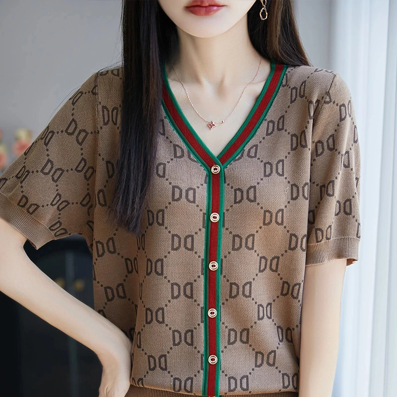 时尚女装品牌新款短袖V领假开衫女显瘦凉感T恤印花时尚拼色上衣