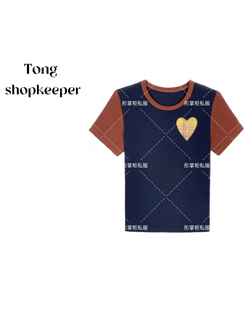 QJ/彤掌柜1681609 春季25撞色设计天.丝莱赛尔时尚爱心印花上衣