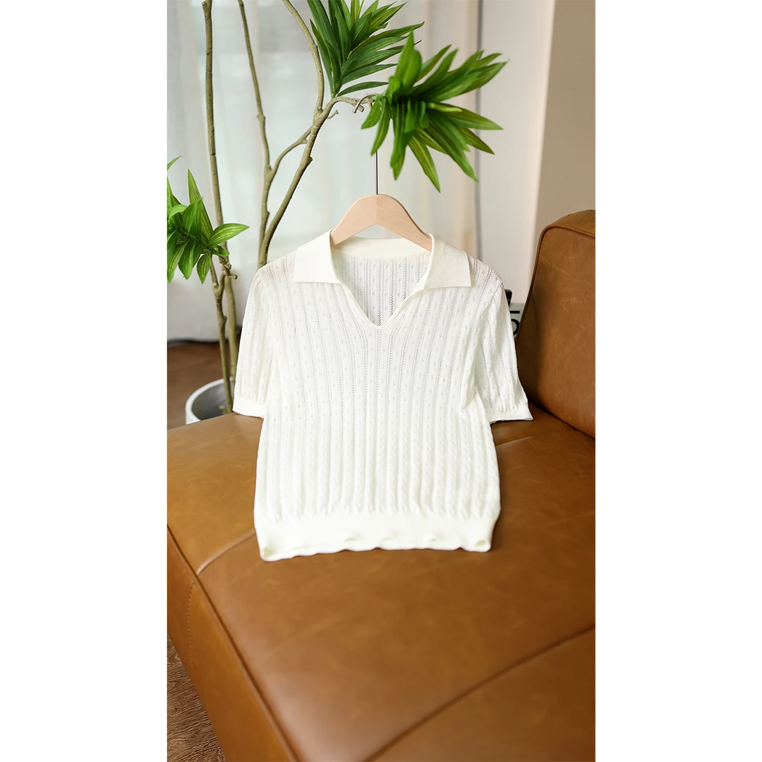 天丝棉镂空翻领针织衫女夏日薄款简约透气显瘦上衣短袖1722625