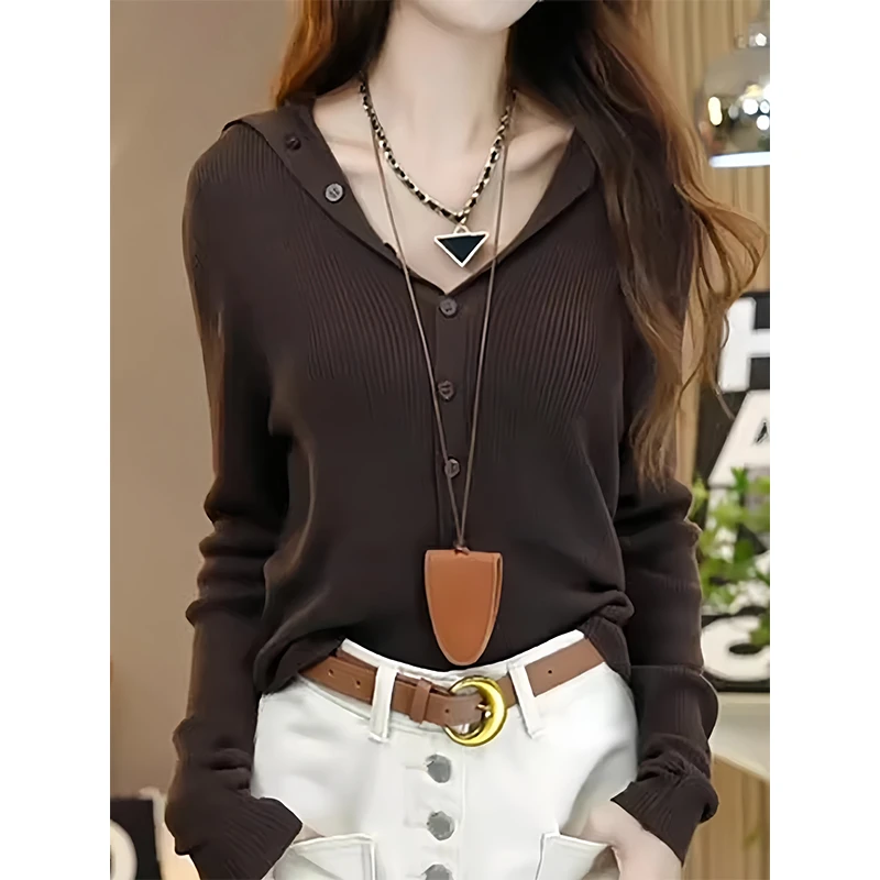 大码v领长袖针织衫外套女秋季2025年新款内搭打底衫修身显瘦上衣