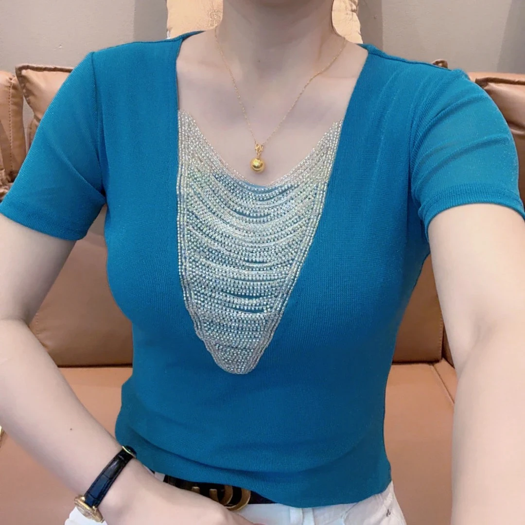 小敏家,夏季新款简约串珠修身短袖T恤女百搭时尚显瘦