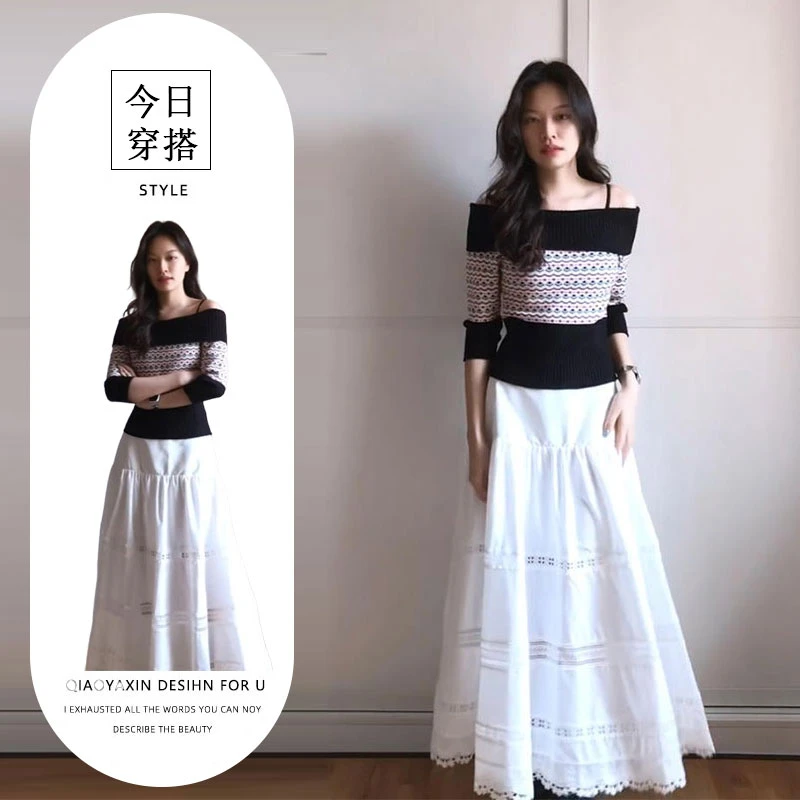 2025秋季新款法式慵懒风小众一字领提花毛衣蕾丝拼接半身裙两件套