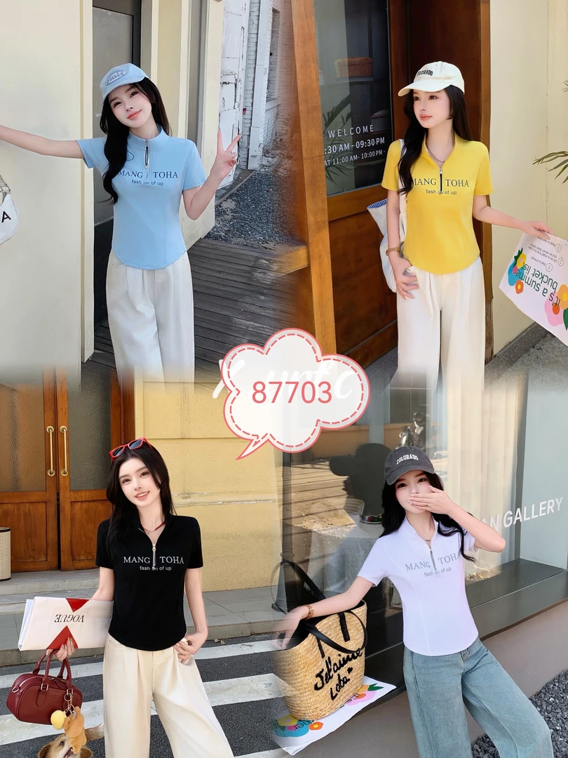 短袖抗皱常规翻领拉链立领T恤ol短款夏季洋气网红