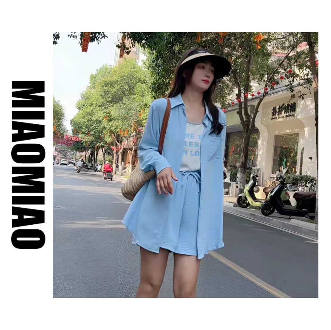 【苗苗】6803大码女装衬衫长袖夏季百搭休闲薄款宽松中长款三件套装