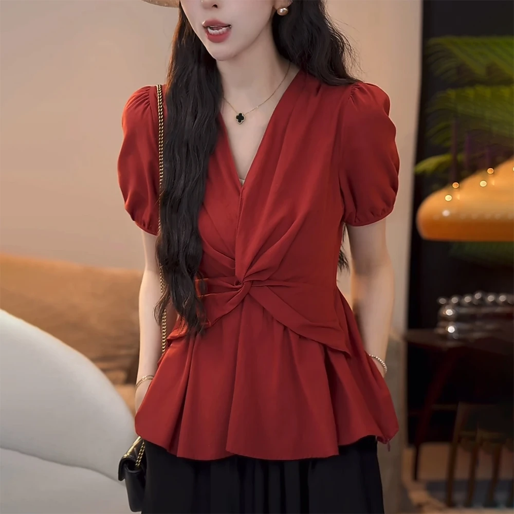 设计感v领气质红色衬衫女夏季2025新款时尚显瘦洋气收腰短袖上衣