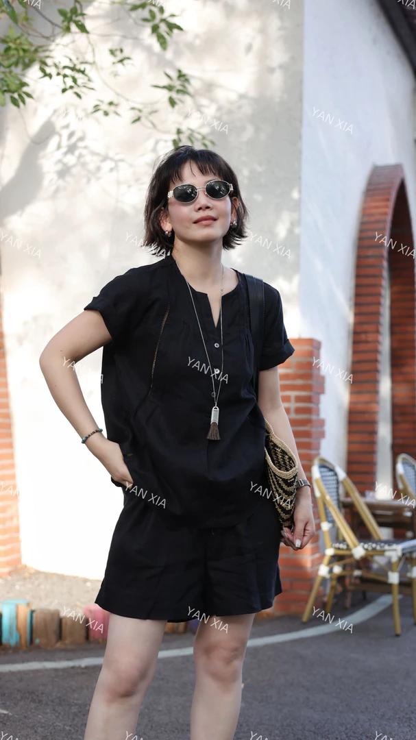 “简约美” 100亚麻休闲套装 小众镂空花边 女士夏季亚麻套装 W-170