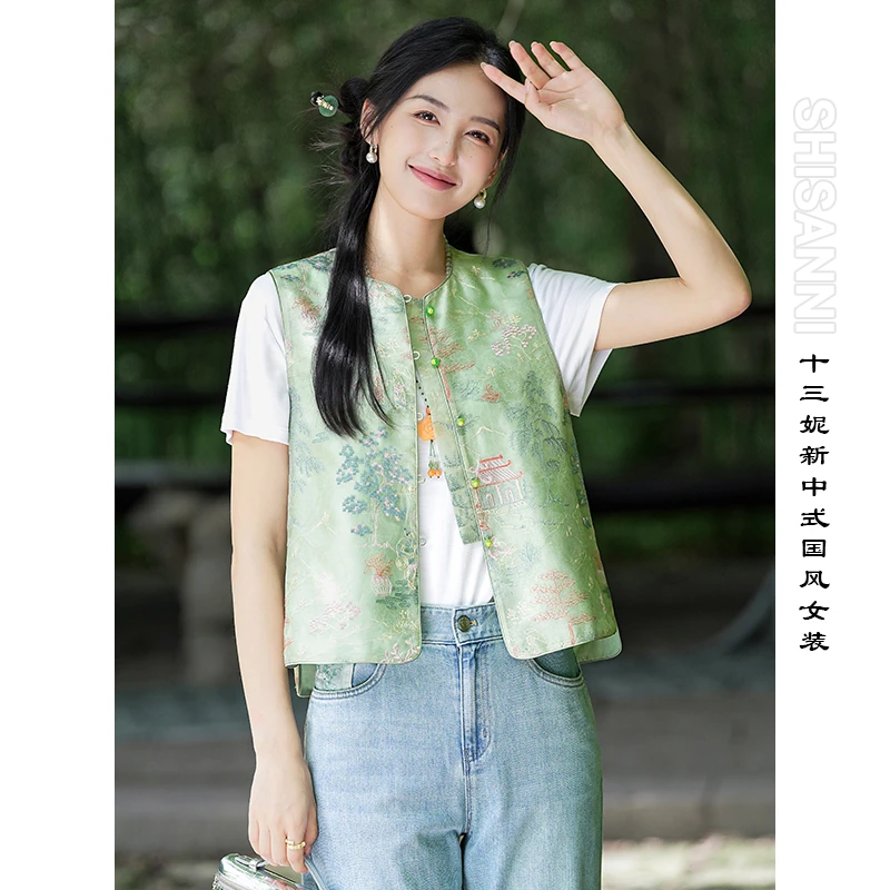 十三妮2025春夏新品【亭台楼阁】刺绣马甲改良唐装新中式真丝无袖款