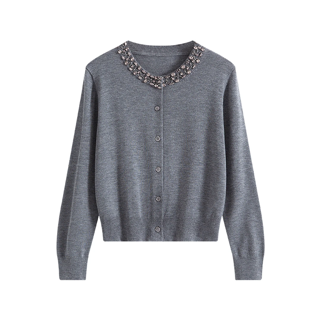 【格雷恋人】桑蚕丝上衣针织开衫女2025格雷系灰色针织重工镶钻