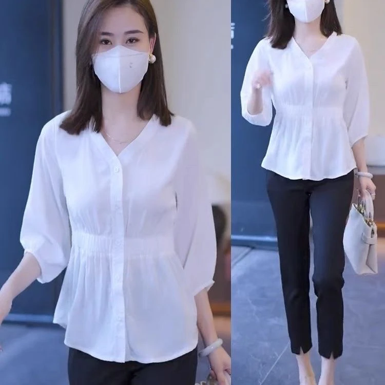 【批发】爆款衬衣v领遮肚子七分袖上衣衬衫洋气收腰显瘦白色小衫