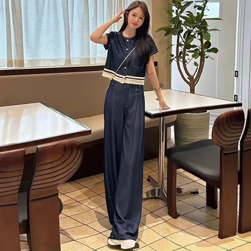 怀旧港风休闲时尚套装女2025夏蕾丝花边牛仔短袖上衣阔腿裤两件套