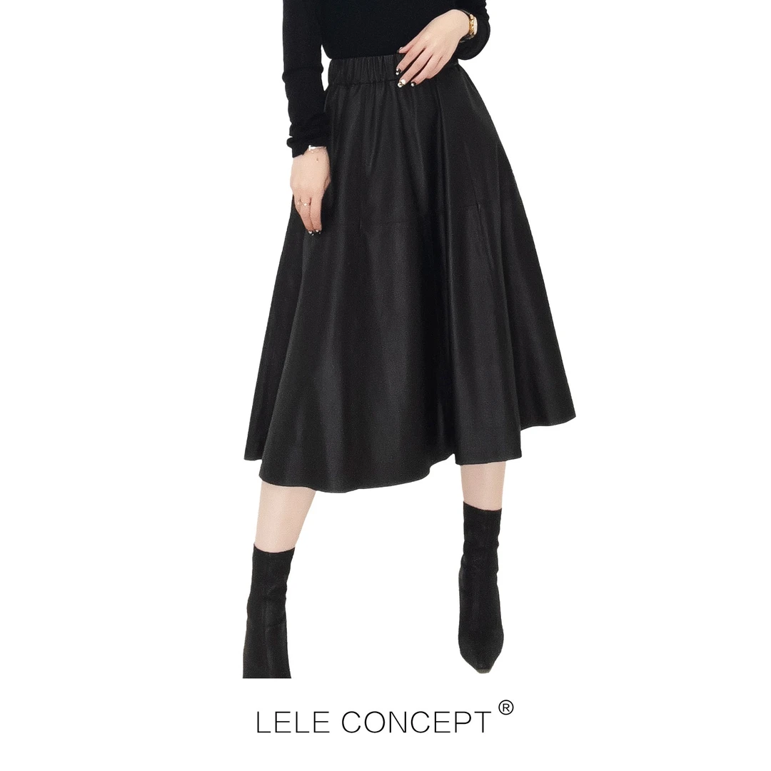 LELE CONCEPT |「夭夭」皮筋腰长款皮裙高端设计款复古半身裙Q0159