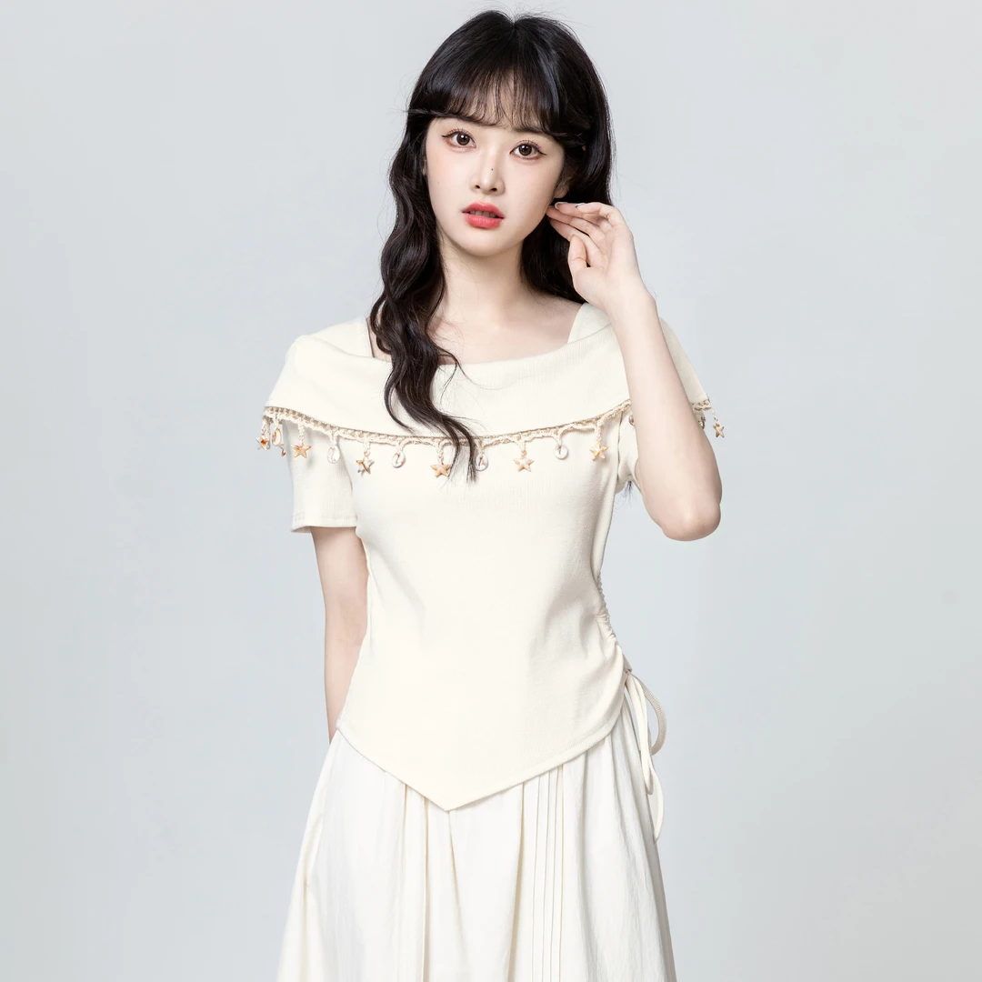 杏色流苏方领短袖T恤女夏2025夏季新款不规则别致显瘦体恤短上衣