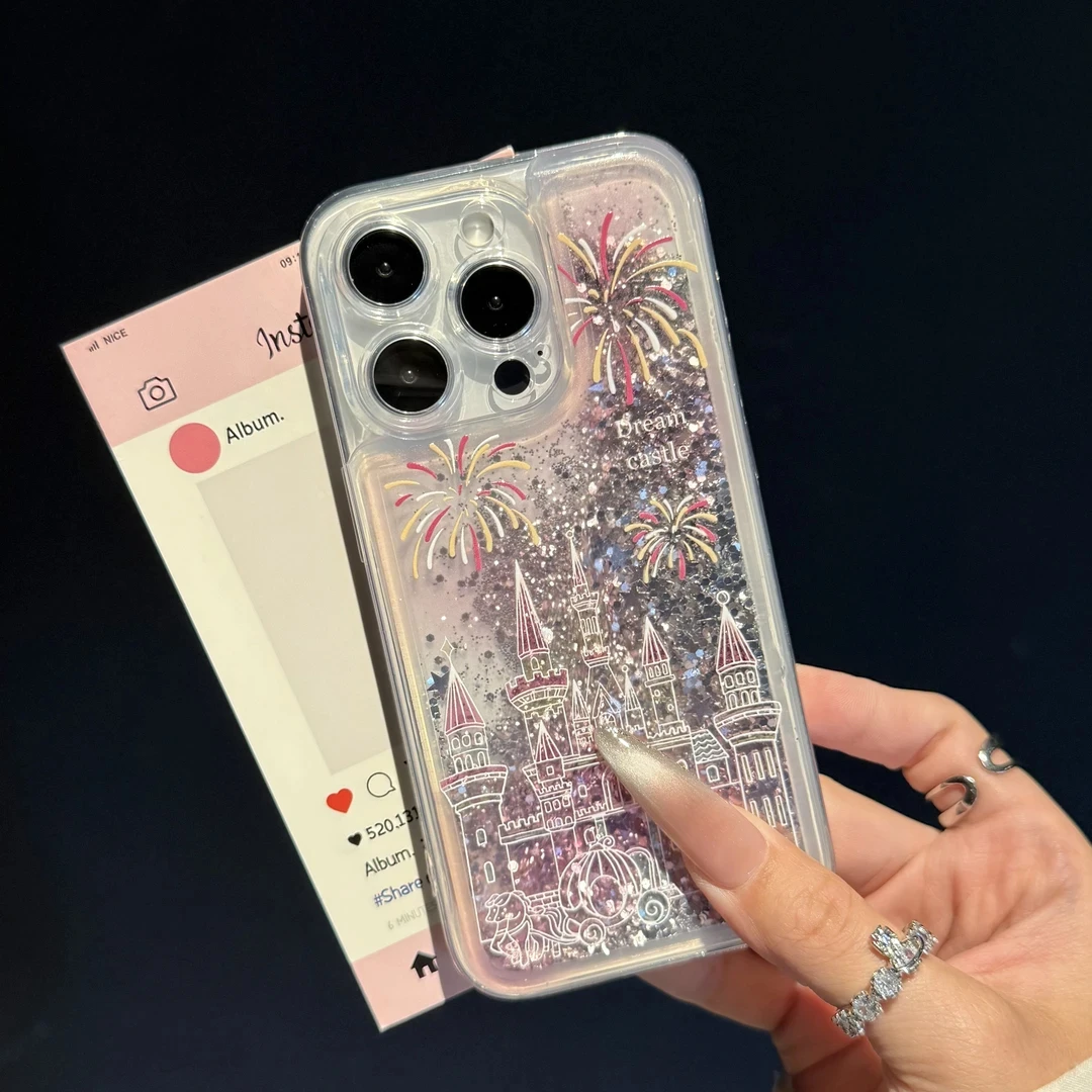 SMBLCE粉晕烟花城堡适用苹果17/16流沙手机壳华为p80vivo小米oppo