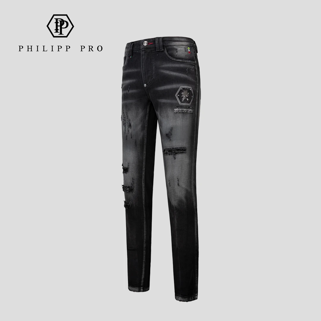 PHILIPP PRO男士25年春夏新款高端牛仔裤弹力修身水洗破洞直筒裤