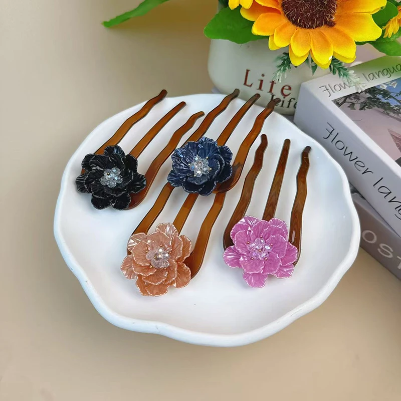 新款花开新中式u型波浪三齿发钗盘发梳防滑插梳发簪丸子头饰发饰