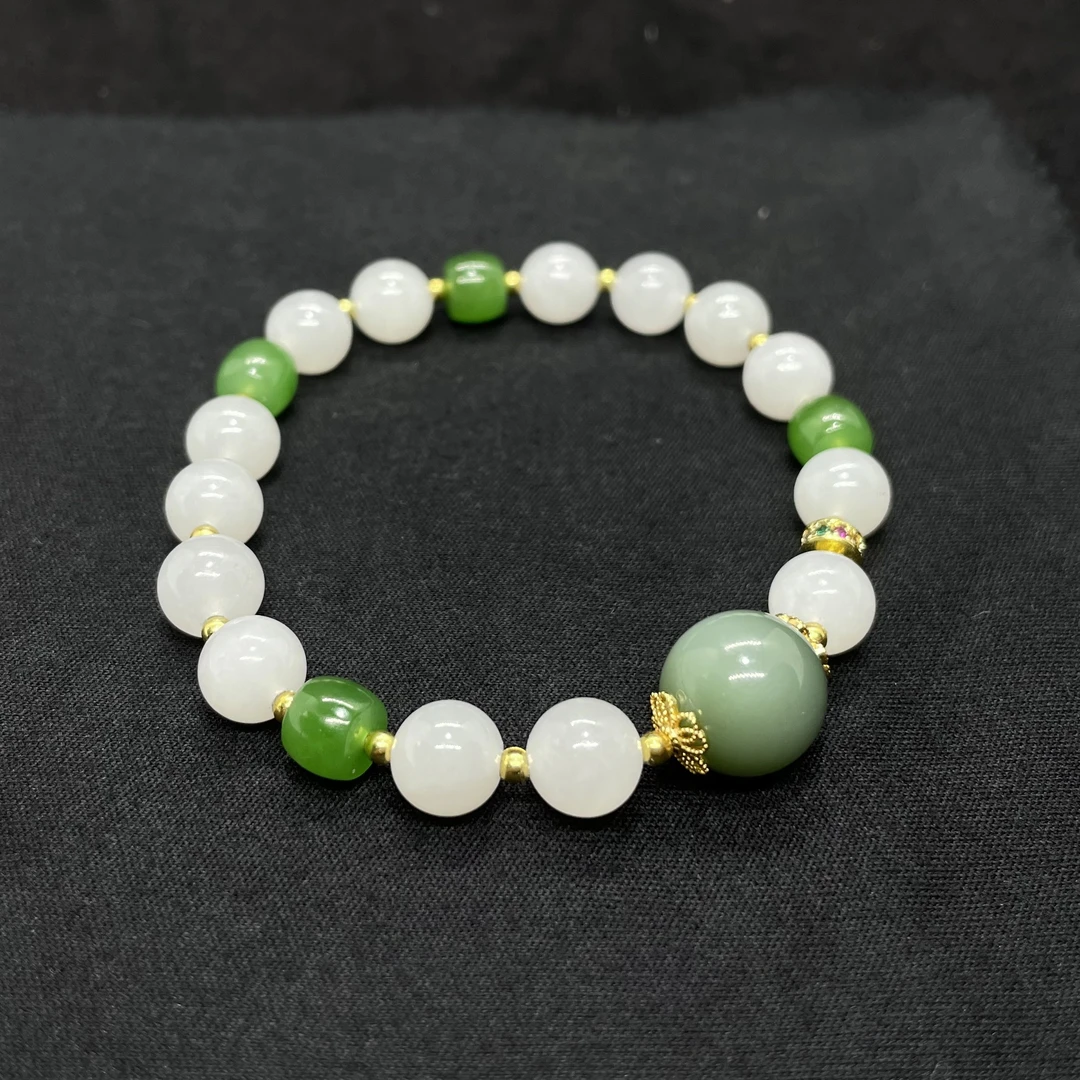白玉苹果绿粉青设计款手串 KT25052611