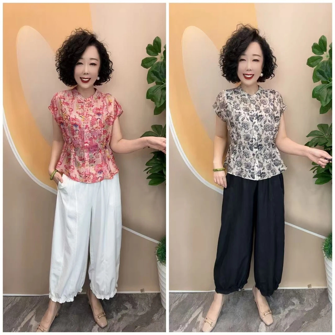 82新款夏优雅女人宽松大码时尚洋气遮肚凉快套装（上衣➕裤）