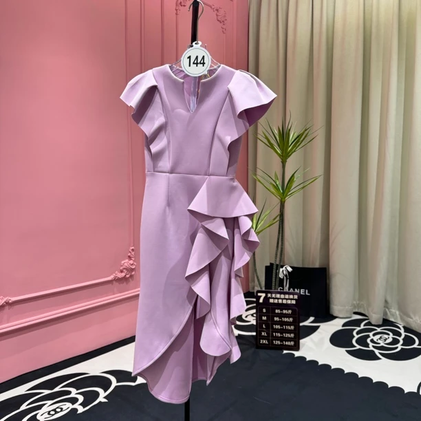 【甄菲】1118轻奢高级感V领飞飞袖 荷叶摆显瘦礼服裙