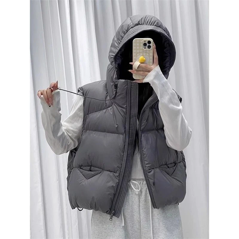 轻柔泡芙马女短款2025新款冬装连帽小个子棉服马夹无袖加厚外套
