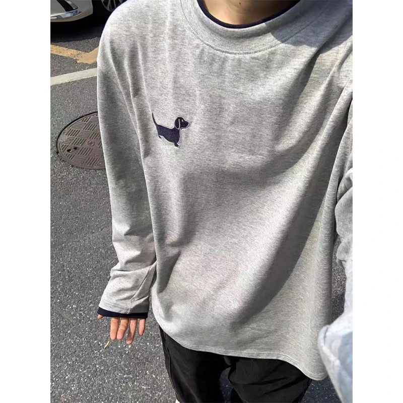 美式复古小狗刺绣T恤男女2025秋季新款宽松潮牌撞色情侣长袖上衣