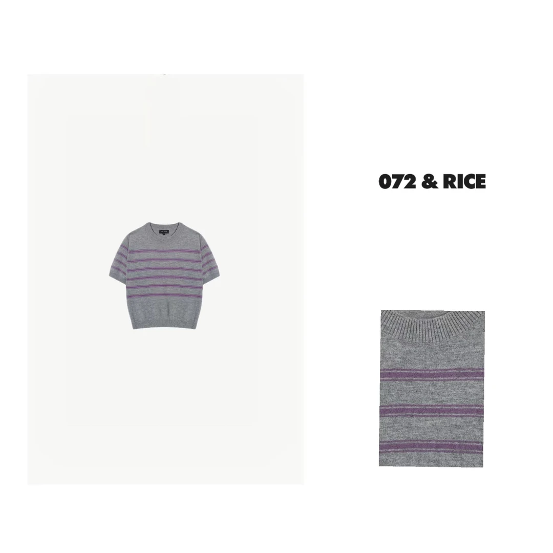 072 & RICE【薰衣草】100羊毛 圆领条纹短袖针织衫 OM001 125FF