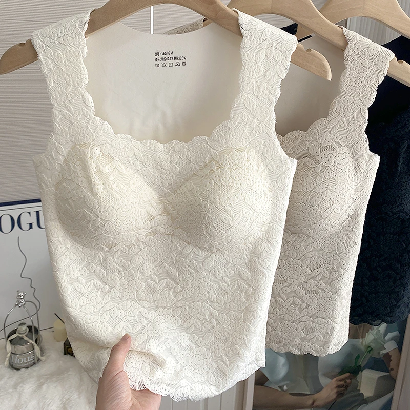 吊带背心女带胸垫文胸内衣一体秋季内搭遮副乳蕾丝无袖打底上衣