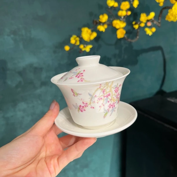 紫藤花白瓷三才盖碗@1137(cp)