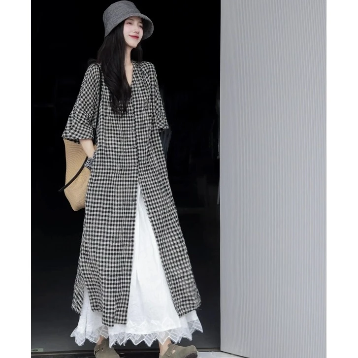 撞色格子衬衫连衣裙女夏季新款叠穿复古文艺松弛感半身裙小众套装