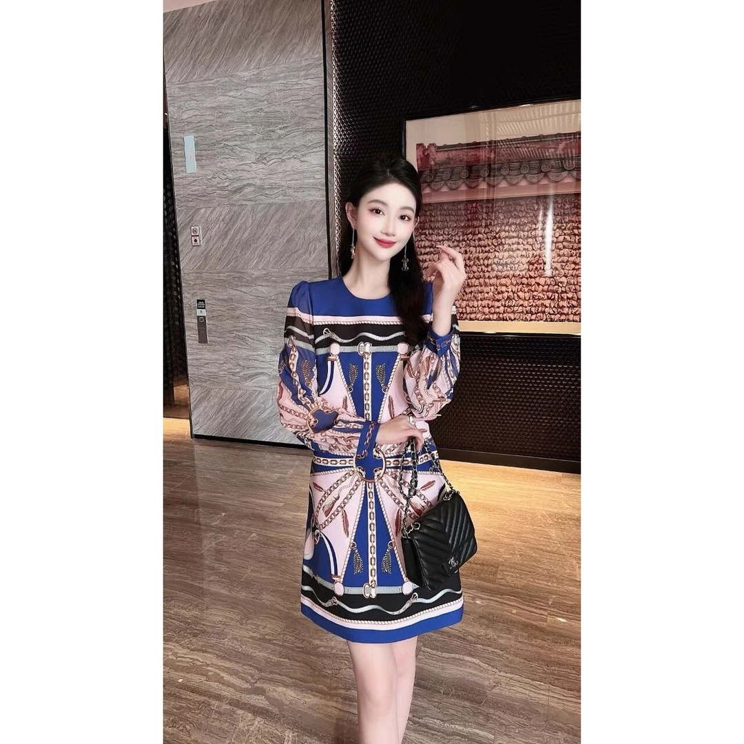 【晨浠定制】新款时尚气质链条印花连衣裙6109