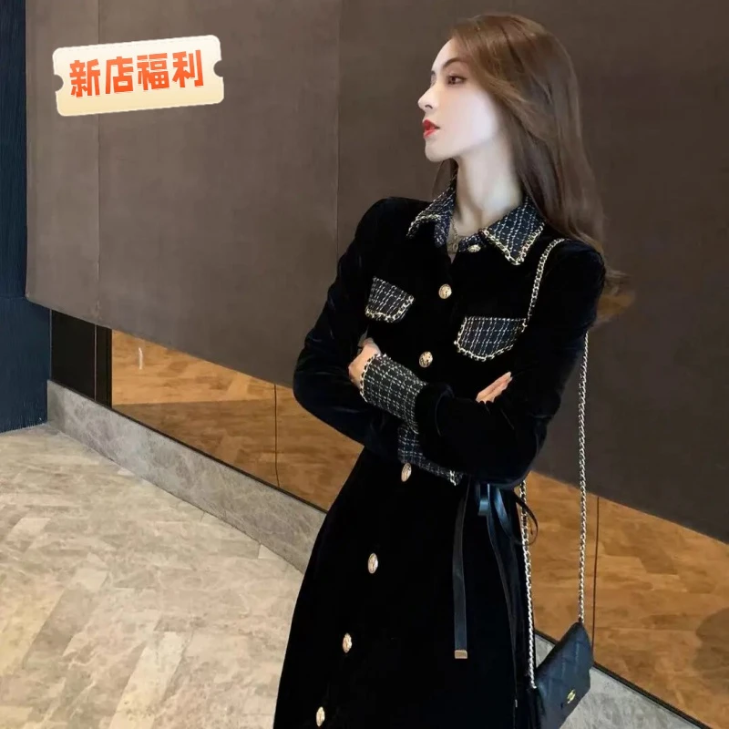 【春夏新品】名媛气质小香风连衣裙女春装高端收腰显瘦长袖高端黑