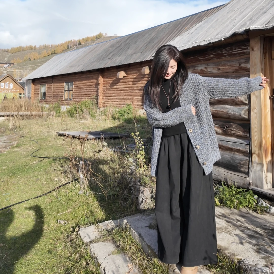 YILE·【绵绵情话】慵懒风混织纹理V领宽松针织开衫外套