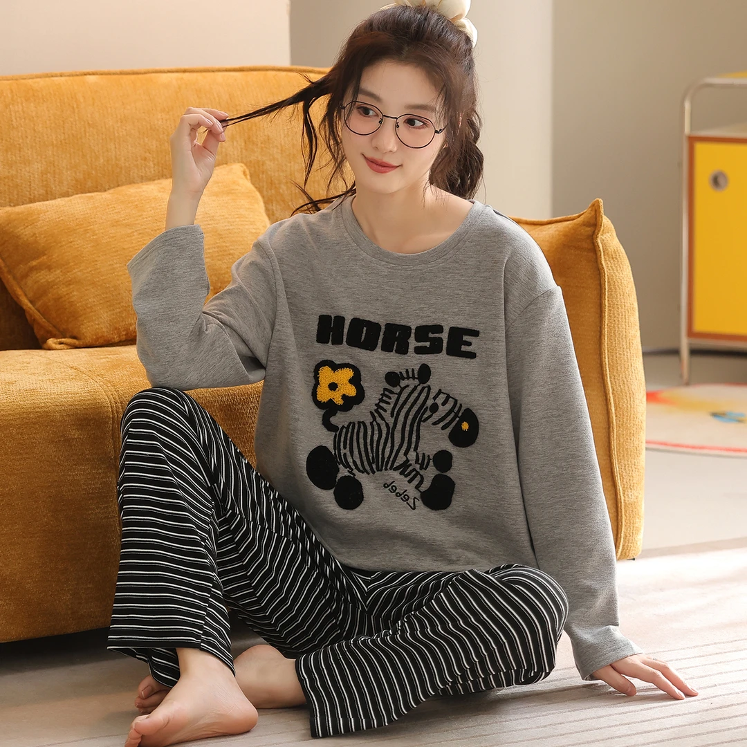 卡之恋睡衣冬季女款2025新款斑马加厚加绒灰色毛绒绒家居服
